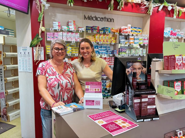 Urne de dons octobre rose appui sante cba caux bray albâtre dieppe Grande pharmacie de Dieppe