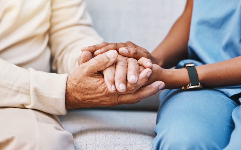 Nurse, hands and senior patient in empathy, safety and support of help, trust and healthcare consulting. Nursing home, counseling and gratitude for medical caregiver, client and hope in consultation patient médecin ETSP