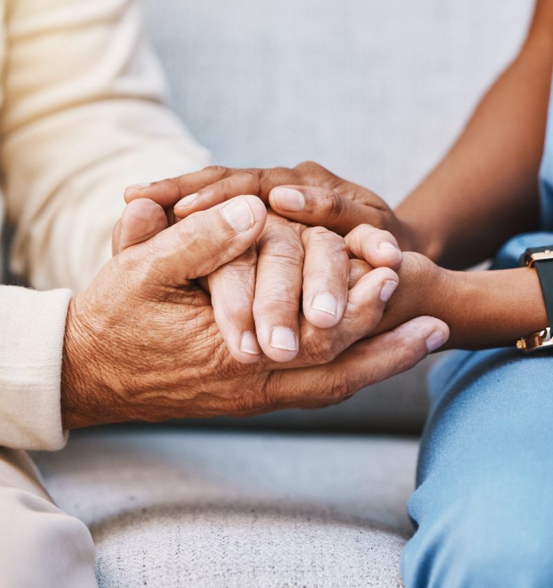 Nurse, hands and senior patient in empathy, safety and support of help, trust and healthcare consulting. Nursing home, counseling and gratitude for medical caregiver, client and hope in consultation patient médecin ETSP
